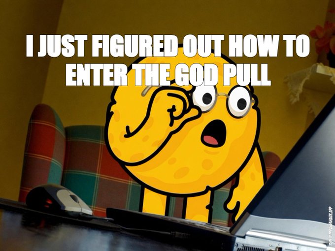 A meme: a yellow sponge character wearing glasses, mouth open, leaning over a laptop in a living room, captioned I just figured out how to enter the god pull.