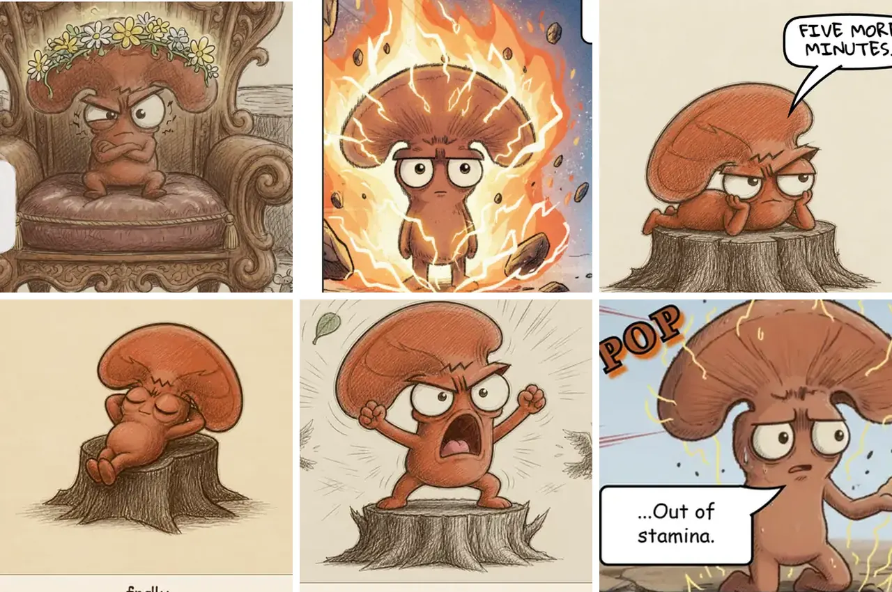 The same character drawn across six panels from five different comics, in different scenes and lighting