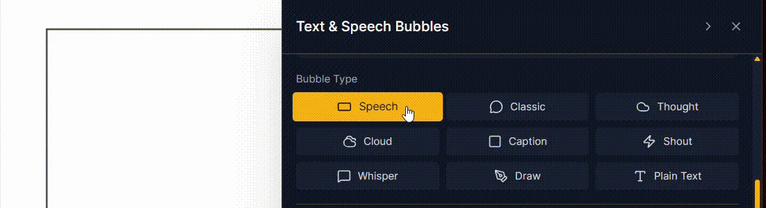 The Text and Speech Bubbles panel with its Bubble Type picker: Speech, Classic, Thought, Cloud, Caption, Shout, Whisper, Draw and Plain Text.